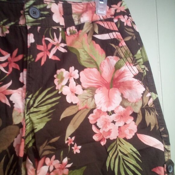 Caribbean Joe Shorts Women 6 Cotton Tropical Floral Brown Peach - Picture 4 of 10